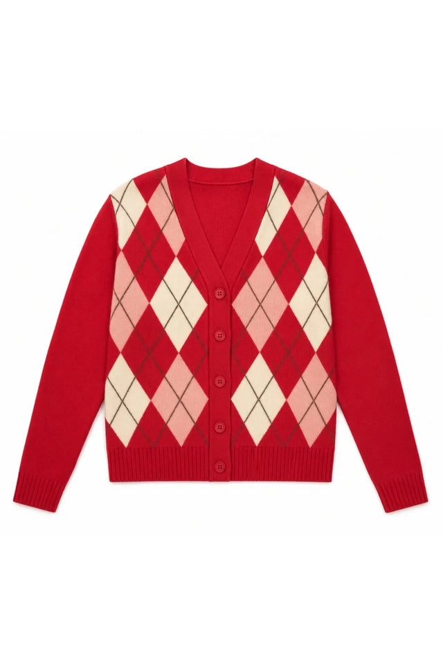 Red Wool-Cashmere Argyle Cardigan image 6