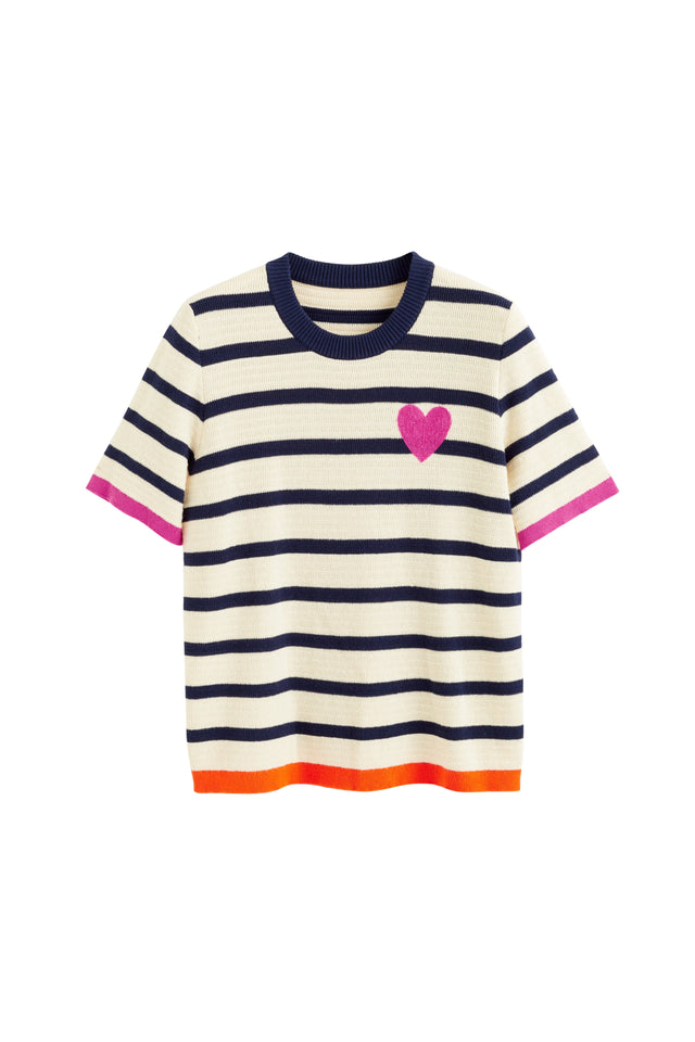 Cream Cotton Heart Breton Crochet T-Shirt image 2