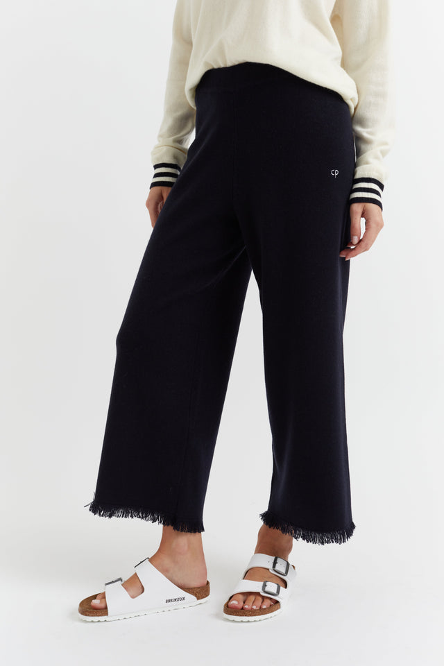 Navy Cashmere Fringe Wide-Leg Pants image 1
